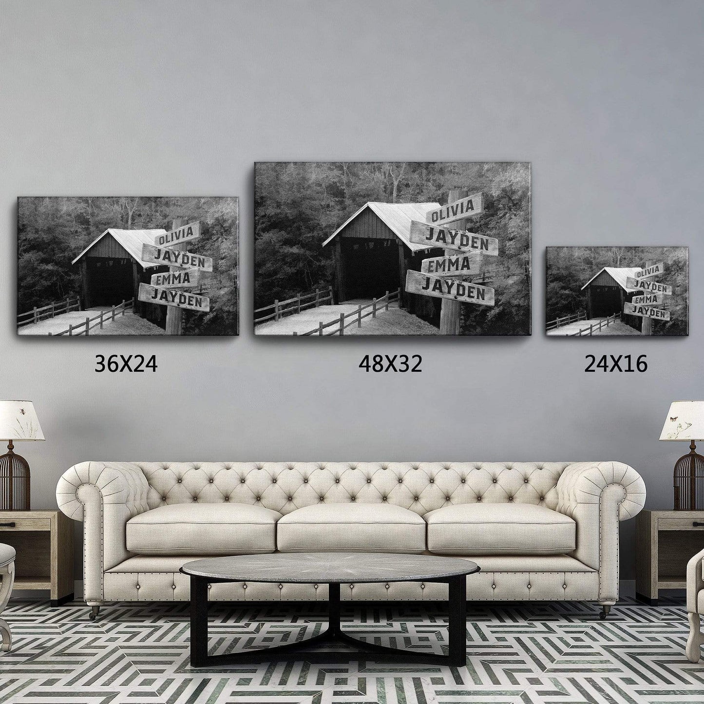 Customized Canvas Covered Bridge Black And White Customized Canvas With Multi Names
