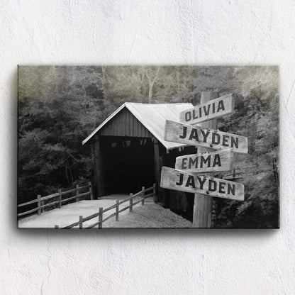 Customized Canvas 36" X 24" - BEST SELLER Covered Bridge Black And White Customized Canvas With Multi Names